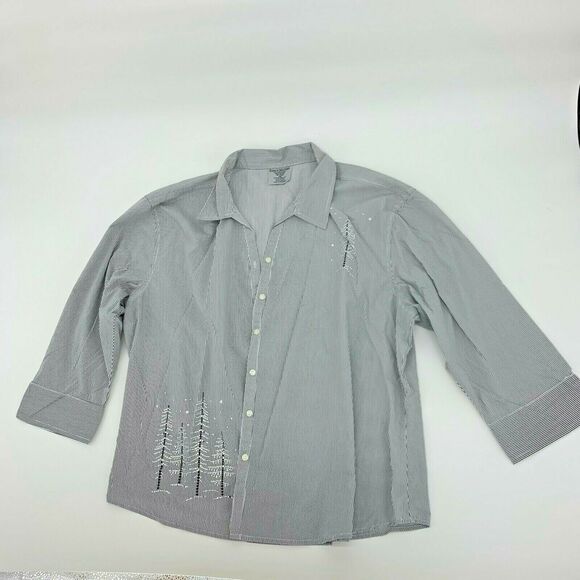 Isaac’s Designs Striped Button Front Embroidered Christmas Tree Top Size 1XL - Picture 1 of 7